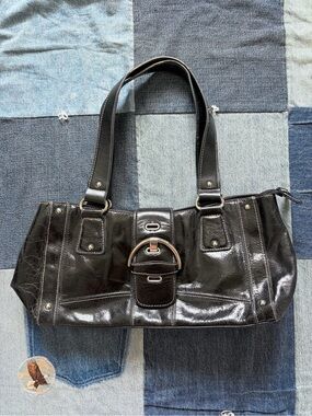 black leather large buckle relativity shoulder purse bag silver toned hardware